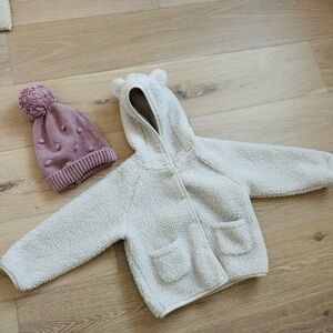 Jamie kay sherpa teddy bear jacket size 2 with pink pompom hat